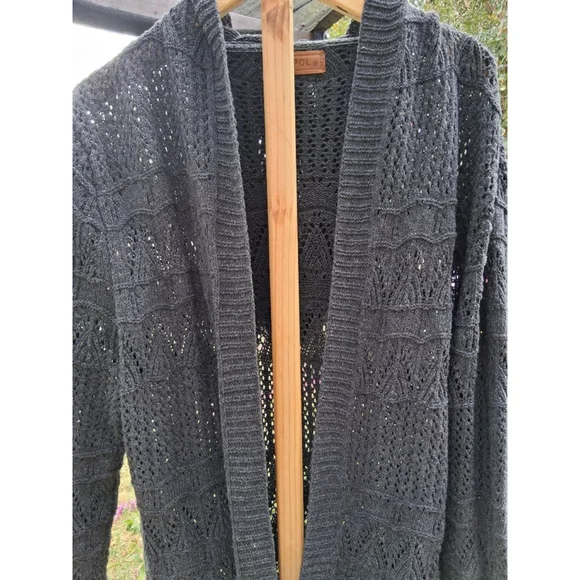 POL Charcoal Open Knit Hooded Cardigan Sweater Sz.M - Picture 2 of 8